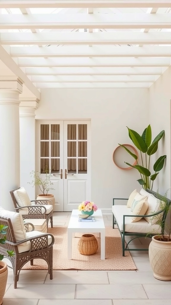 Minimalist patio with white walls, wicker chairs, and colorful flowers.
