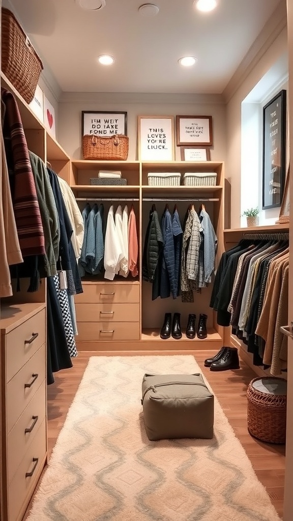 Cozy walk-in closet with organized clothes and inspirational quotes on the walls.