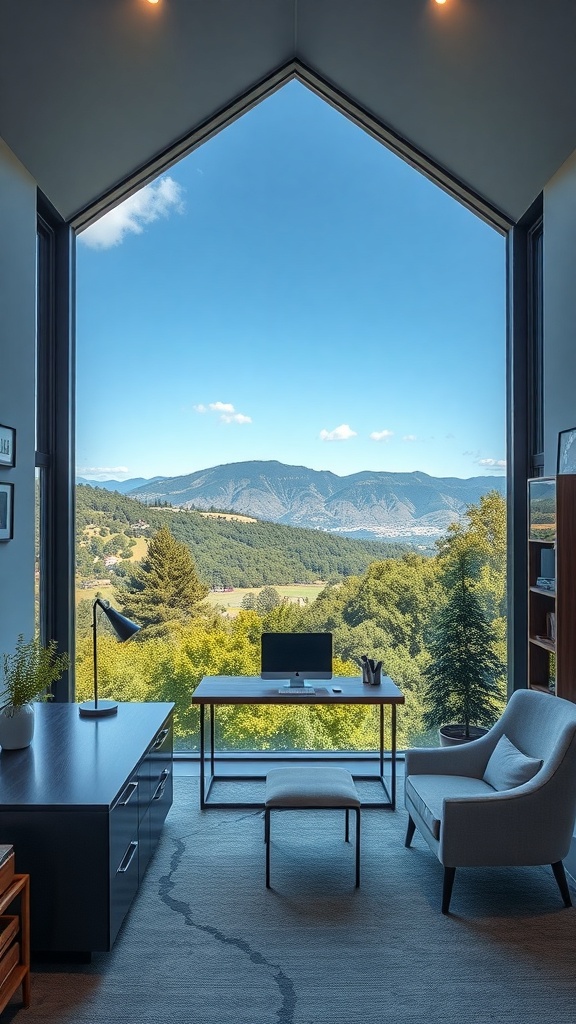 A modern home office with a large window showcasing a scenic view of mountains and greenery.
