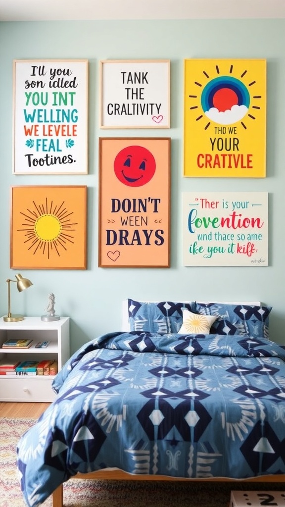 Colorful wall art in a kids bedroom featuring playful phrases and designs.