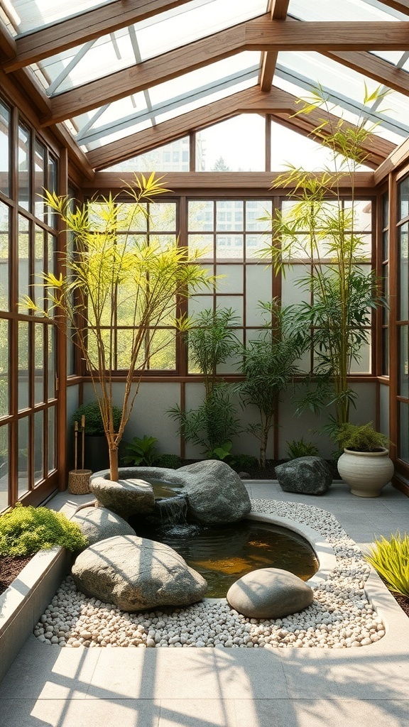 A serene conservatory featuring bamboo plants, a small pond with rocks, and a comfortable chair, designed for relaxation.