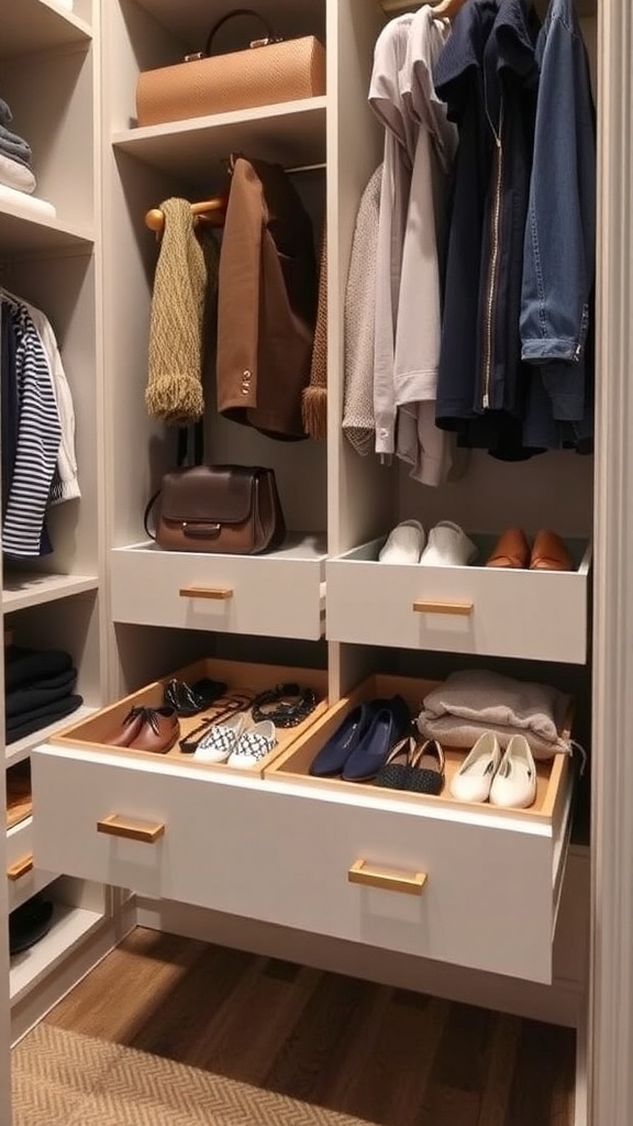 A modern walk-in closet featuring pull-out drawers and organized clothing.