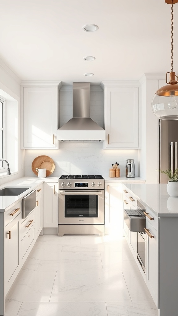 A modern white kitchen with integrated appliances and a sleek design.