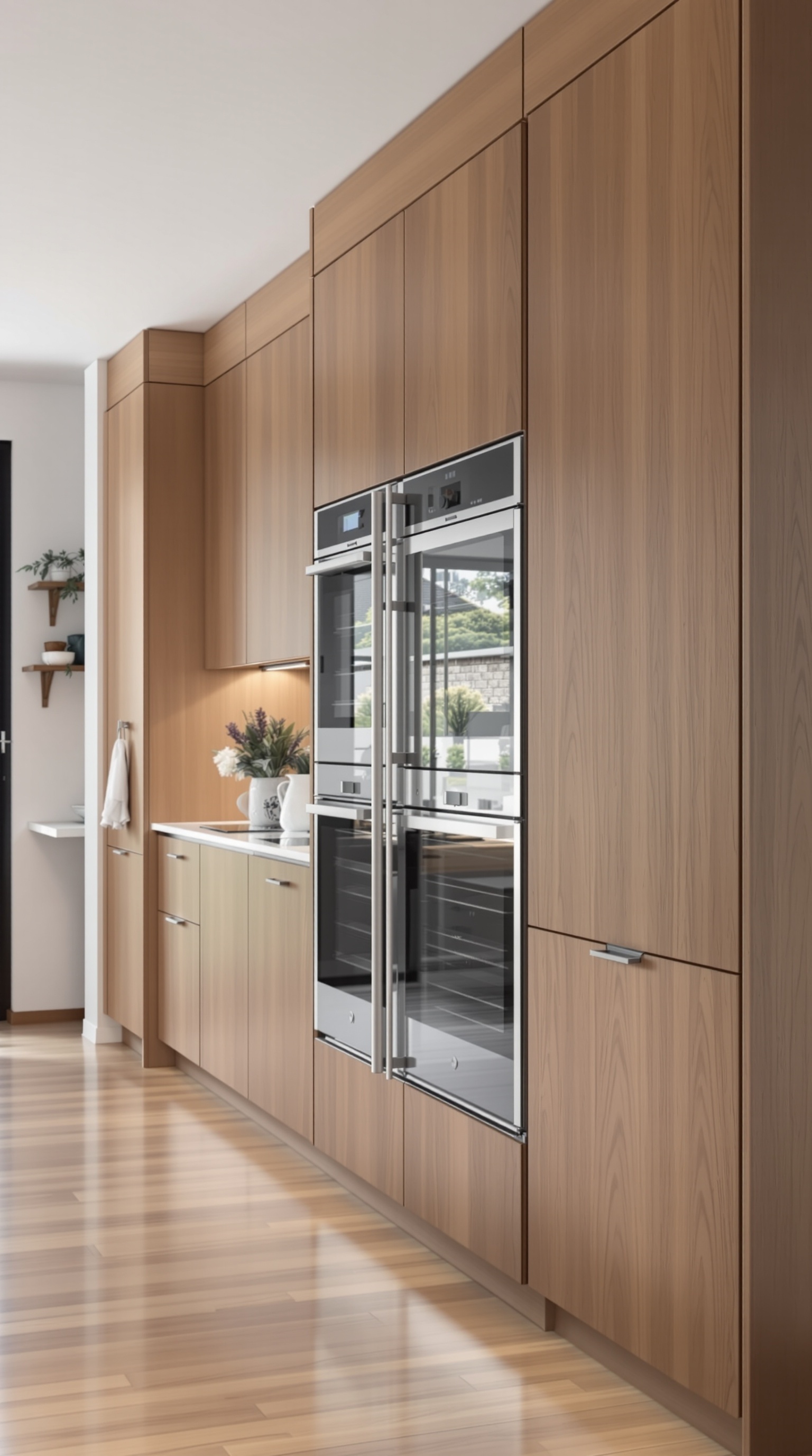 A modern kitchen featuring integrated appliances, warm wooden flooring, and natural light.