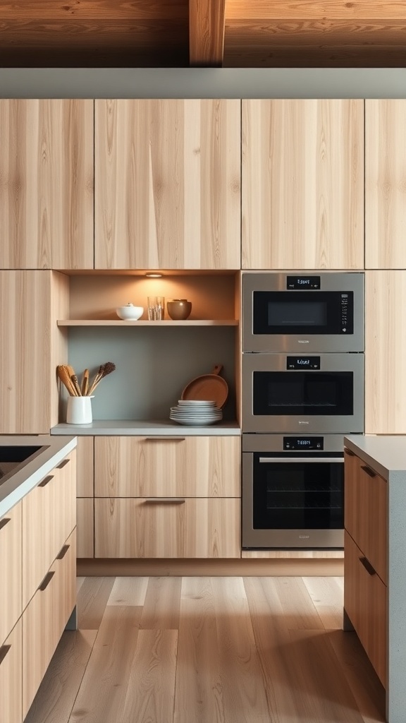 A modern Scandinavian kitchen featuring integrated appliances and light wood cabinetry.