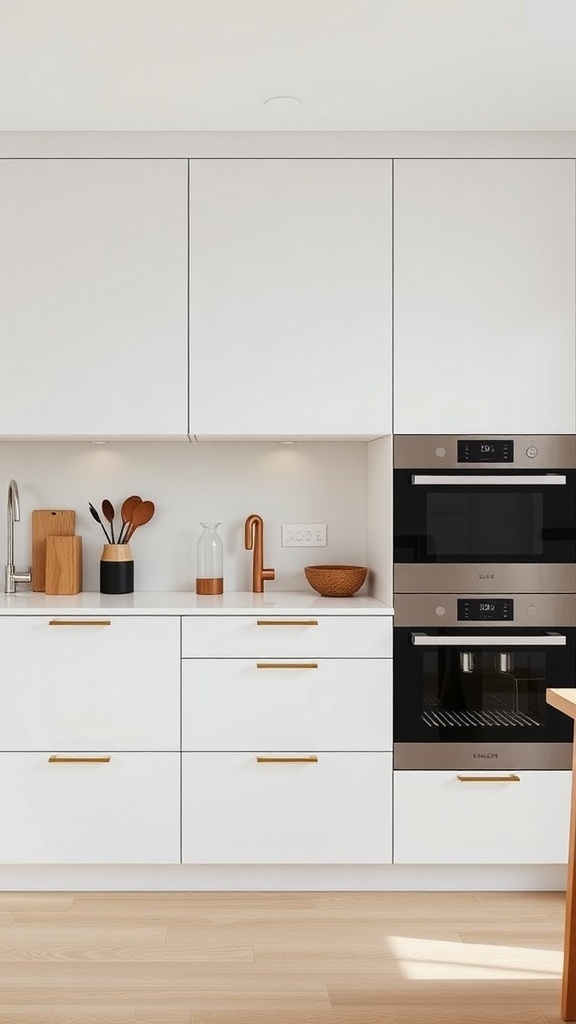 A modern Scandinavian kitchen featuring integrated appliances, white cabinetry, and gold handles.