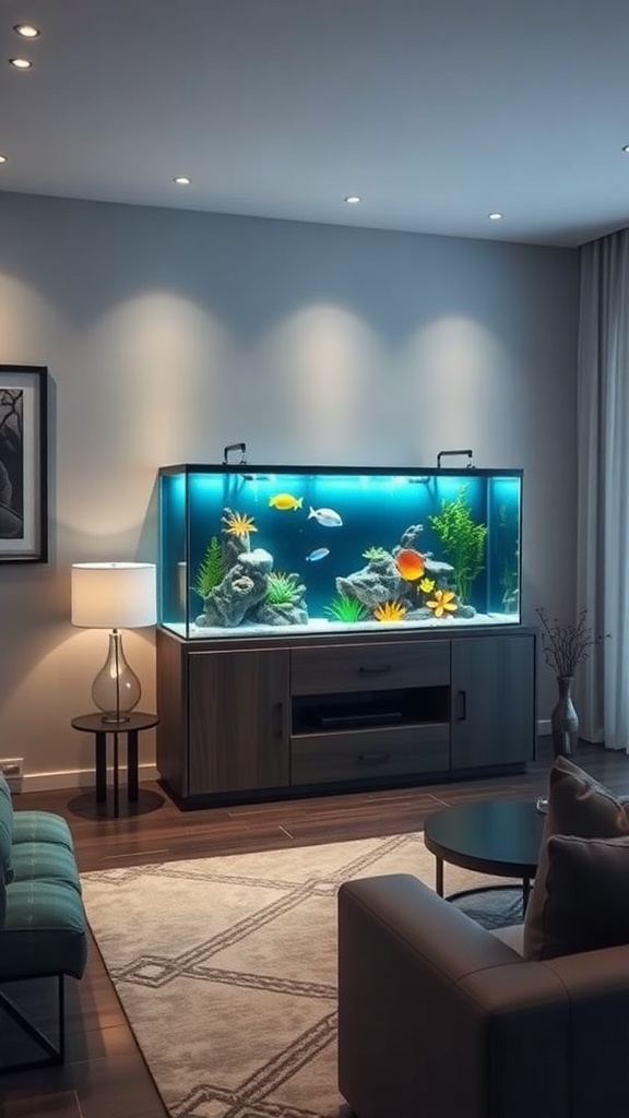 A stylish living room featuring an integrated aquarium with furniture, showcasing colorful fish and aquatic plants.