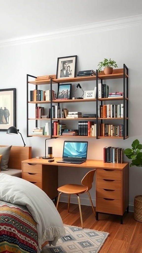 Integrated bookshelf and desk in a cozy bedroom setting