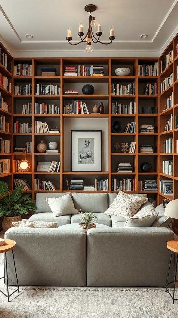 A cozy living space featuring a sunken couch and an integrated bookshelf design.