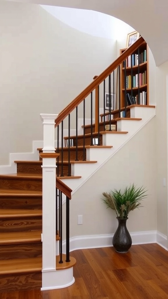 Staircase with integrated bookshelf and stylish railing