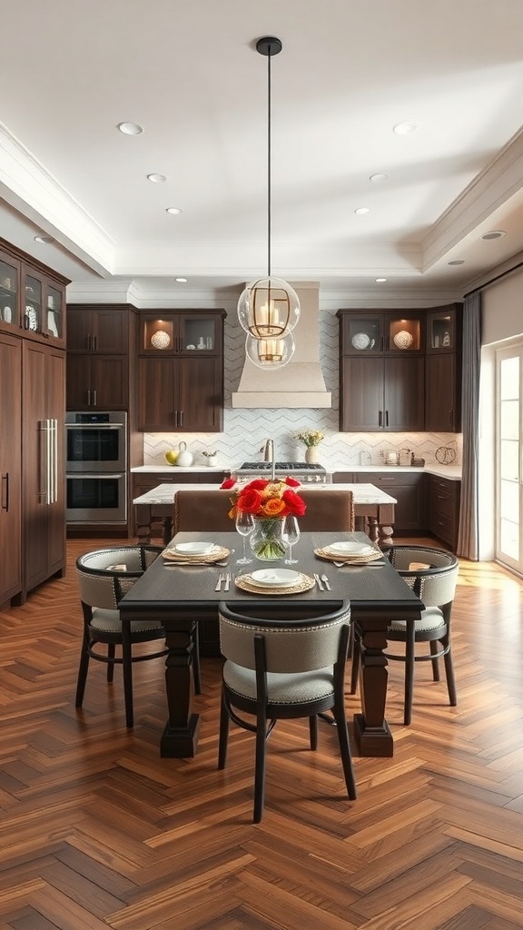 A modern kitchen with an integrated dining area featuring a wooden table, stylish chairs, and elegant lighting.
