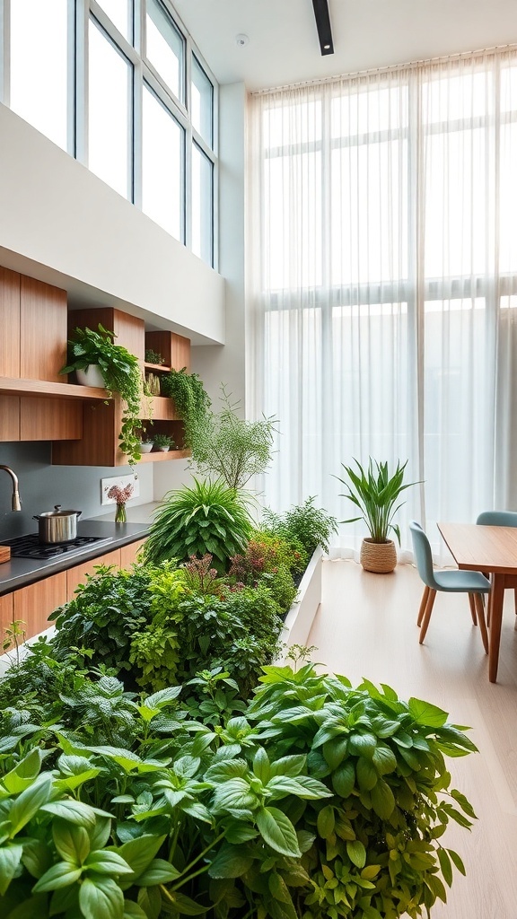 A modern kitchen featuring an integrated indoor garden filled with various herbs and plants.
