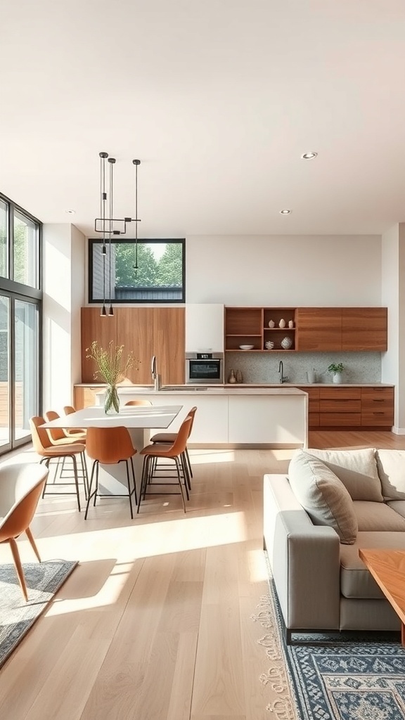 A modern integrated kitchen and dining area with large windows, wooden cabinetry, and a cozy sofa.