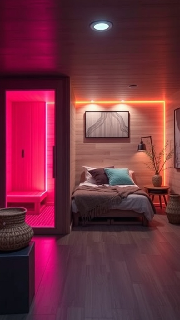 A cozy bedroom with integrated sauna featuring vibrant lighting