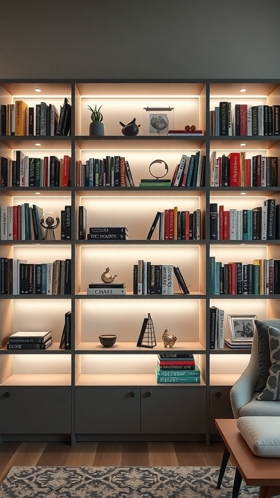A modern bookshelf with integrated lighting showcasing books and decorative items.