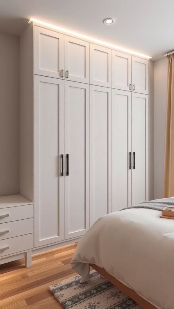 A modern built-in wardrobe with integrated lighting in a small bedroom