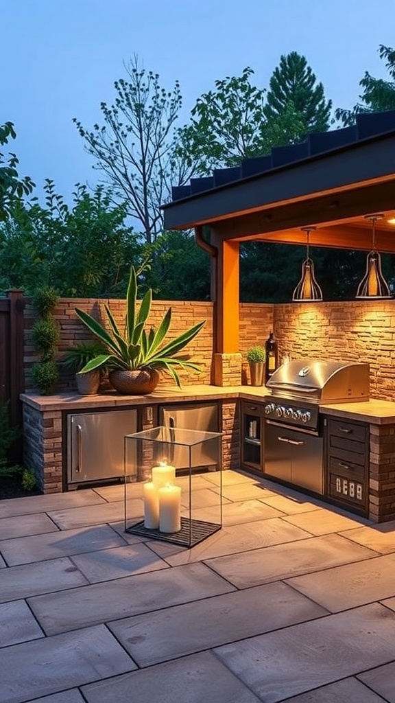 Outdoor grill corner with integrated lighting, featuring a grill, stone countertop, and candles.