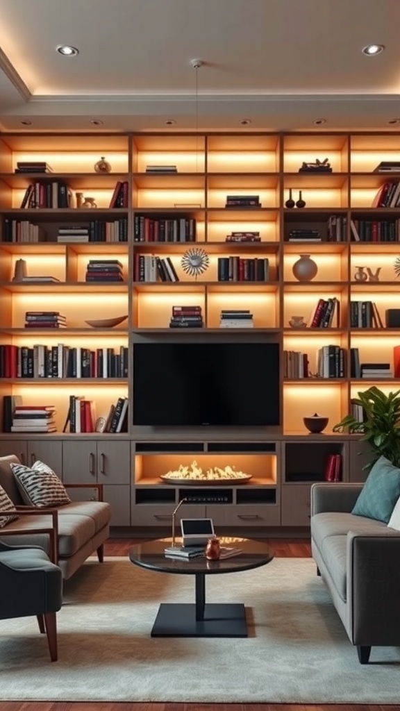 A modern living room with a bookshelf featuring integrated lighting, highlighting books and decorative items.