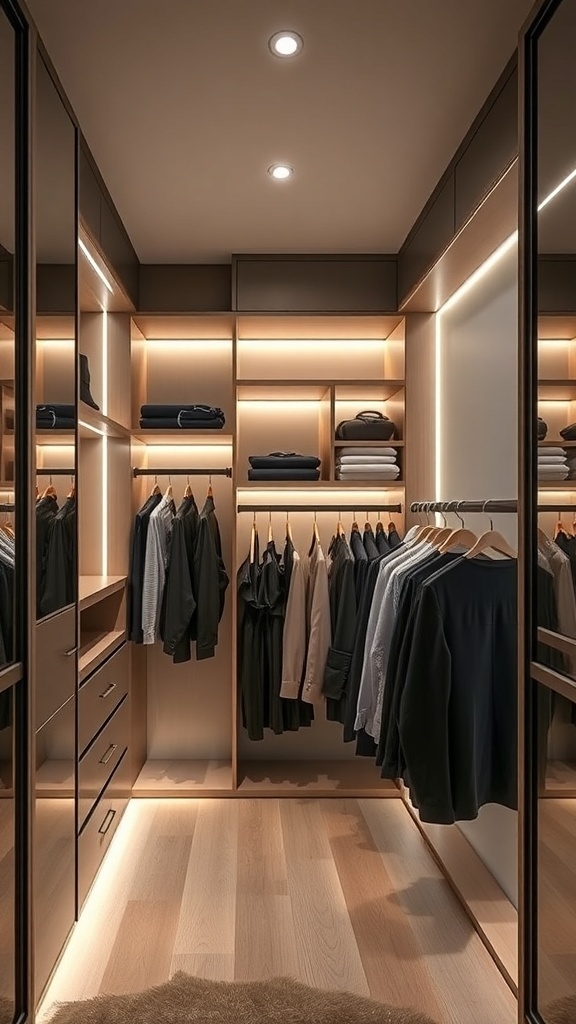 A minimalist walk-in closet featuring integrated lighting solutions that illuminate clothing and accessories.