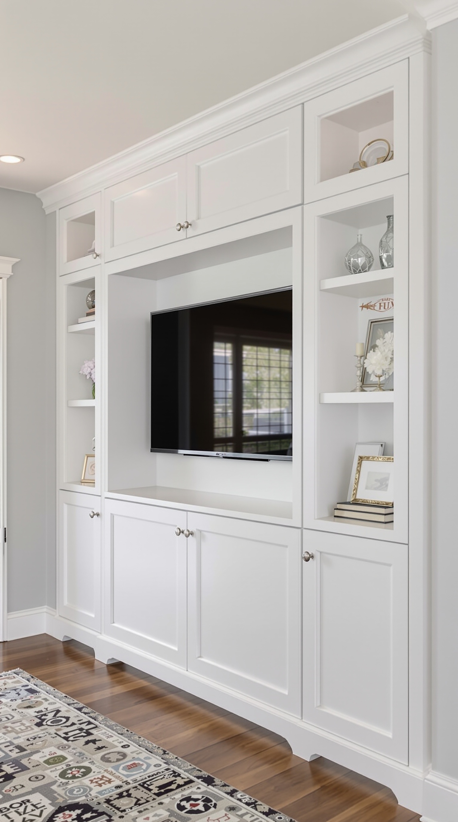 Modern integrated media center with custom cabinets and a TV