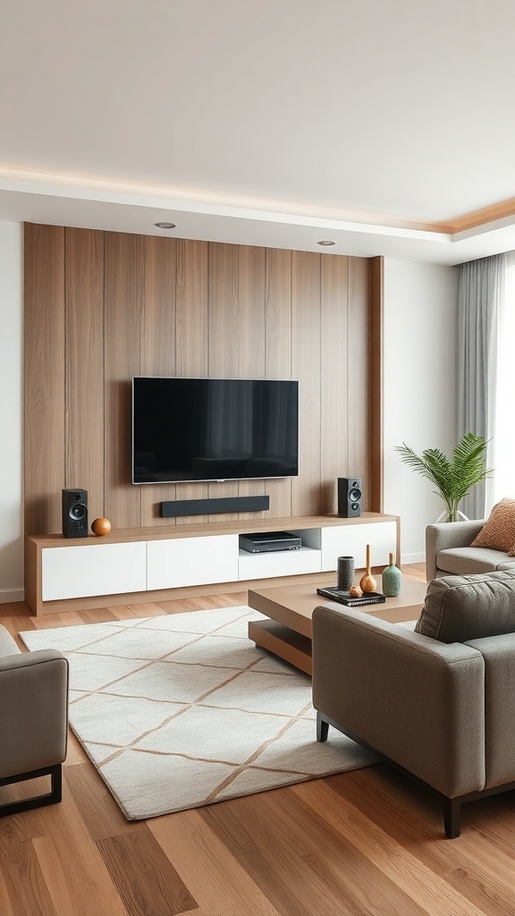 Luxurious modern living room with integrated TV wall and designer furniture