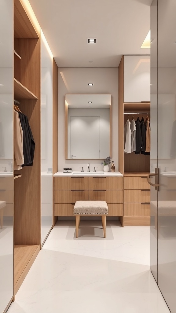 A minimalist walk-in closet featuring an integrated mirror and vanity station with warm wood tones and organized storage.