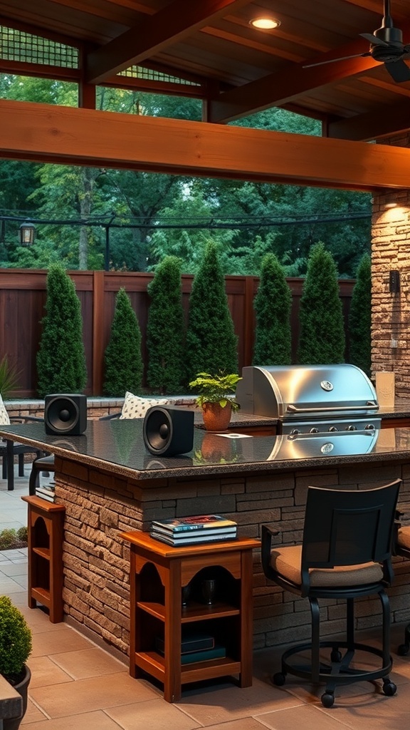 An outdoor kitchen with an integrated sound system featuring speakers, a grill, and seating.