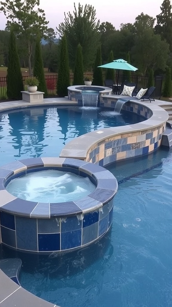 Integrated spa section next to an above-ground pool with stonework and fire pit