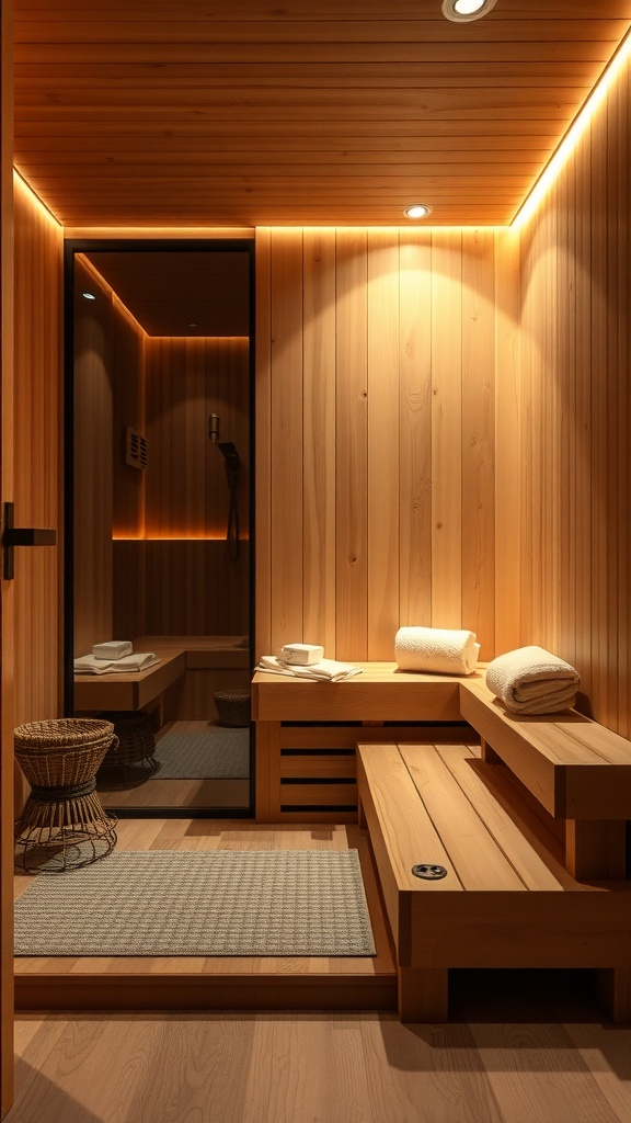 A cozy sauna with wooden walls, benches, and soft lighting, creating a relaxing atmosphere.