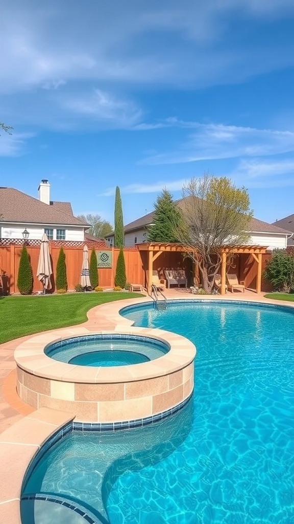 A sunken above ground pool with an integrated hot tub in a backyard setting