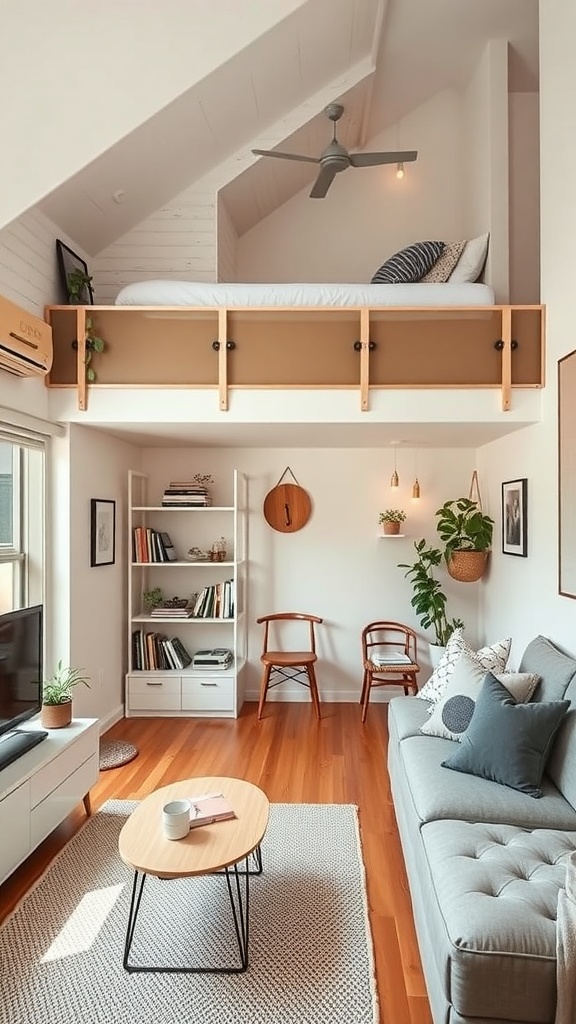 A cozy studio apartment featuring a loft bed, living area with a sofa, coffee table, and bookshelves.