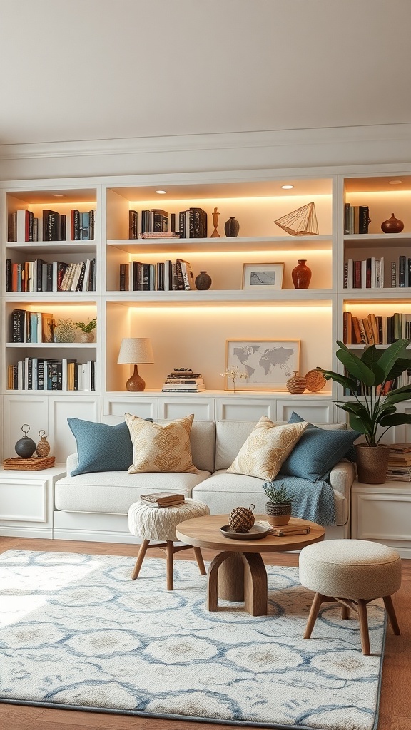 Cozy lounge area with built-in shelving, books, and decorative items