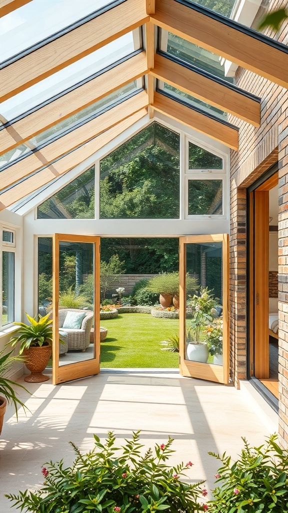 A bright conservatory with a glass roof, wicker furniture, and potted plants, blending indoor and outdoor spaces.