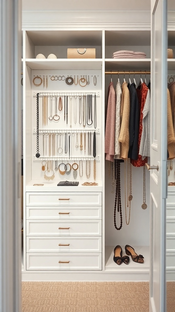 A well-organized walk-in closet featuring jewelry and accessory organizers, with necklaces displayed on a wall and drawers for storage.