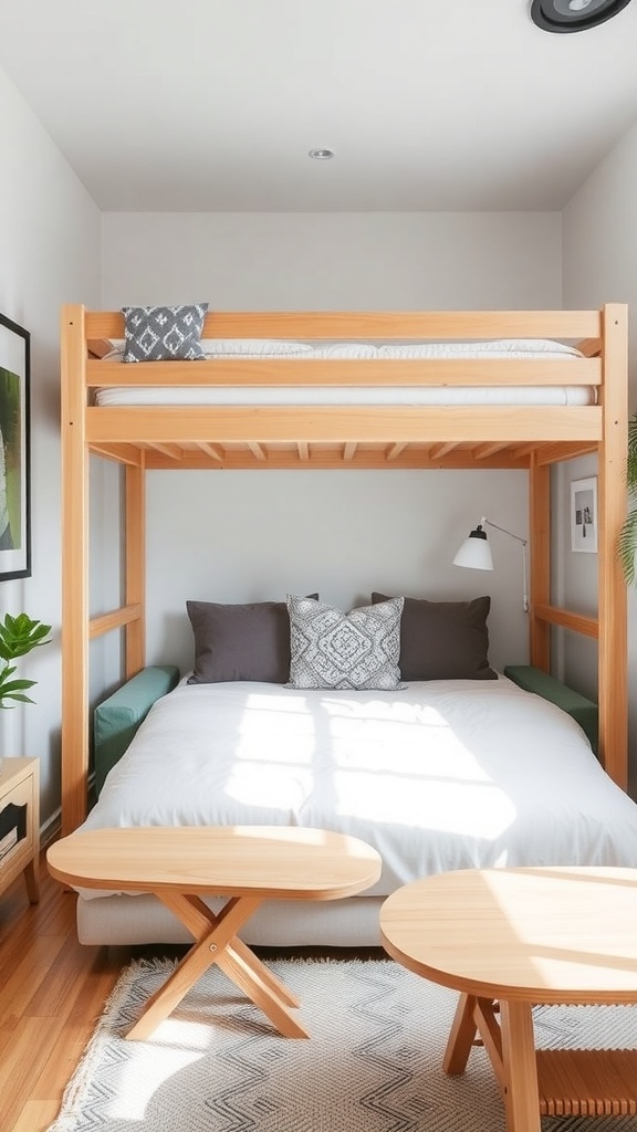 A cozy room featuring a loft bed above a comfortable bed, with two small tables in front.