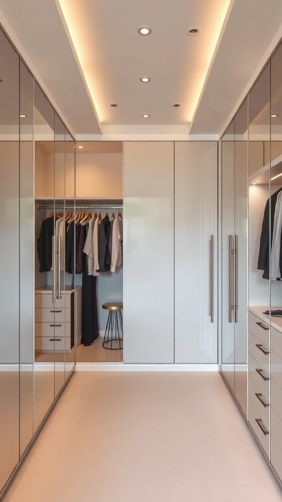 A modern walk-in closet featuring mirrored surfaces and stylish lighting.