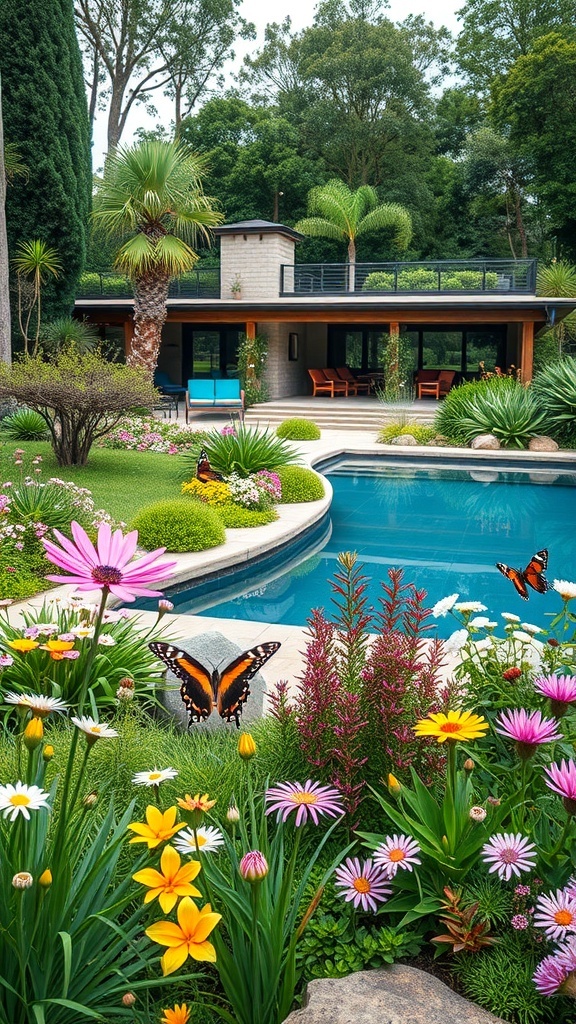 Ein Garten mit bunten Blumen und einem Naturpool, umgeben von Bäumen und einer modernen Terrasse.
