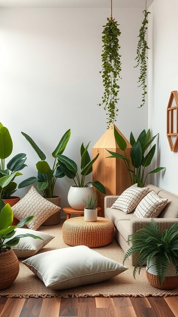 A cozy sunken lounge featuring various indoor plants, cushions, and soft lighting.