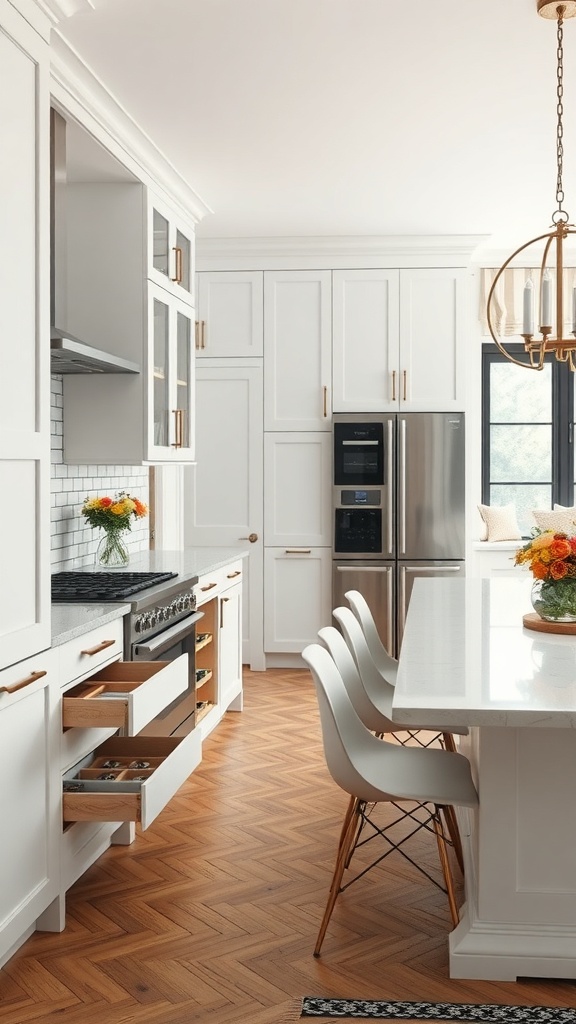 A modern kitchen with white cabinetry, a large island, and smart storage solutions.
