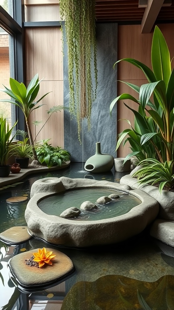 A serene indoor water feature with rocks, plants, and a lotus flower.