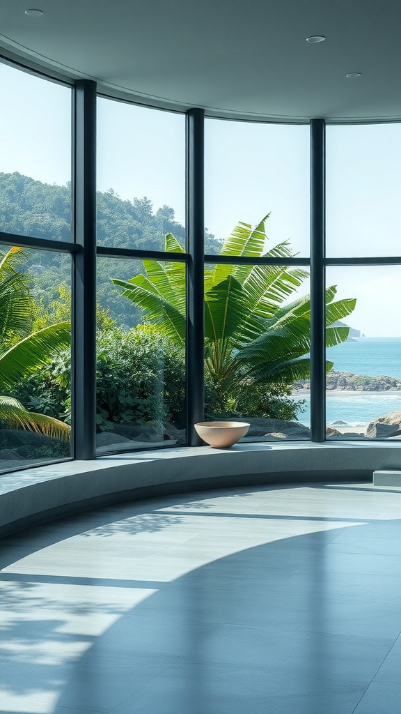 A modern interior with large windows showcasing lush greenery and a coastal view.