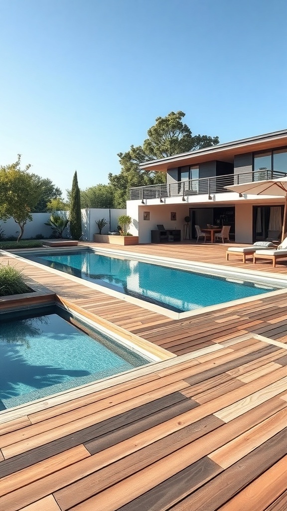 Ein modernes Holzdeck um einen Naturpool, umgeben von Pflanzen und einem klaren Himmel.