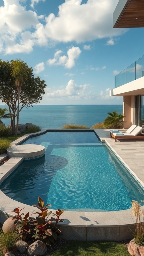 Ein moderner Pool mit Blick auf das Meer, umgeben von Pflanzen und einem modernen Haus.