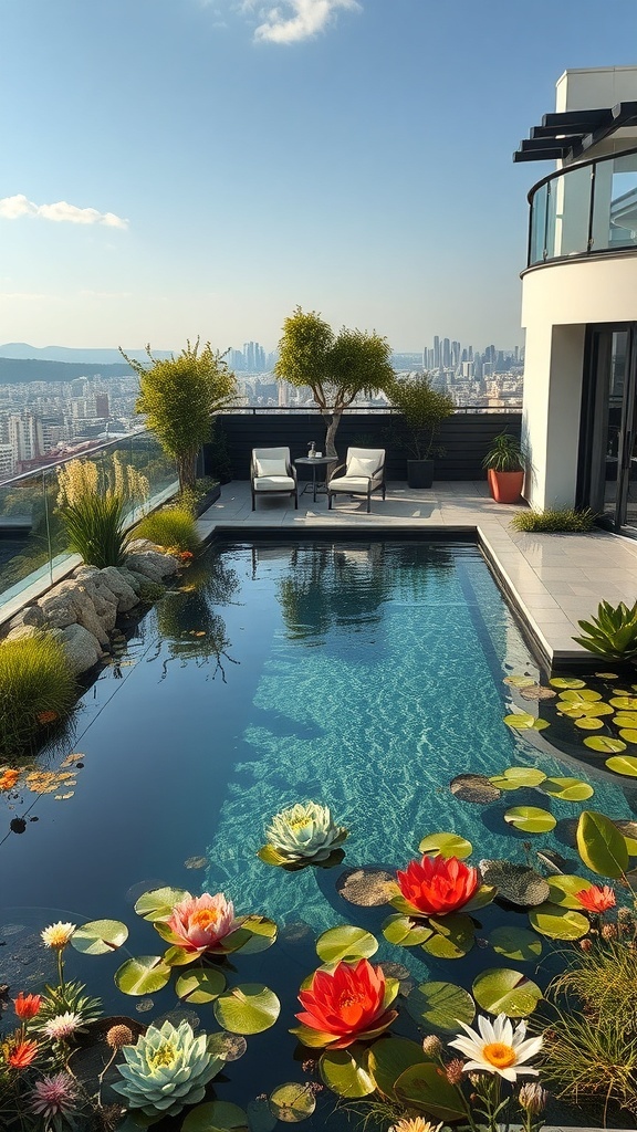 Ein moderner Naturpool mit bunten Seerosen und Pflanzen, umgeben von einer Stadtlandschaft.