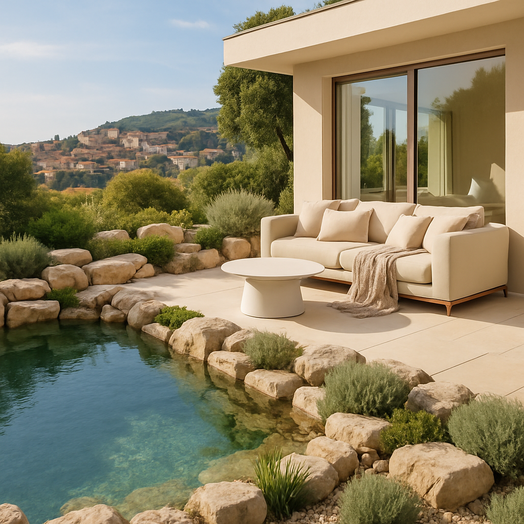Ein moderner Garten mit einem Naturpool, umgeben von Steinen und Pflanzen, und einer gemütlichen Sitzecke.