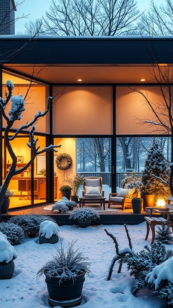 Ein moderner Wintergarten mit großen Fenstern, gemütlicher Beleuchtung und verschneiter Landschaft draußen.