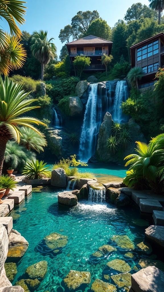 Ein schöner Naturpool mit einem Wasserfall und umgebenden Pflanzen.