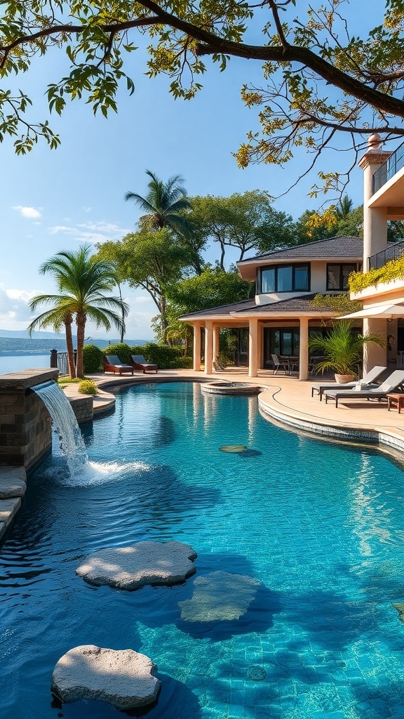 Ein schöner Naturpool mit einem Wasserfall und Sprudlern, umgeben von tropischen Pflanzen.