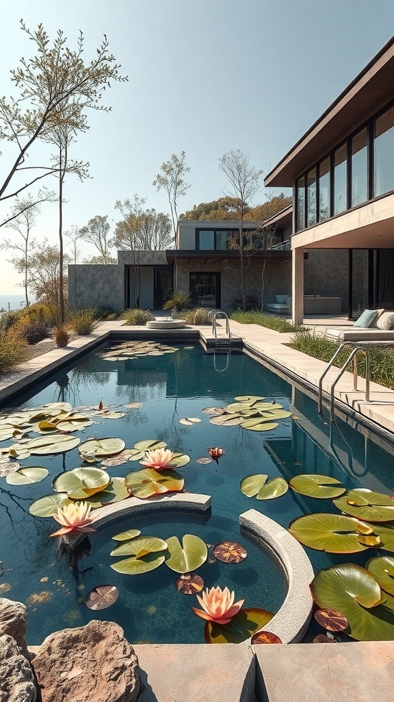 Ein moderner Naturpool mit Seerosen und umgebenden Pflanzen