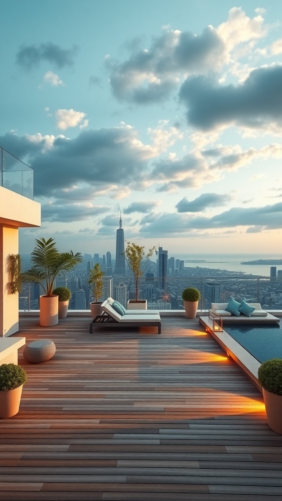 Luxuriöse Dachterrasse mit Blick auf die Stadt, ausgestattet mit modernen Möbeln und Smart-Home-Technologien.